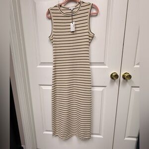 NWT Fitted Faux Button Back Stripe Dress Cotton Size Small Cream Black Stripes